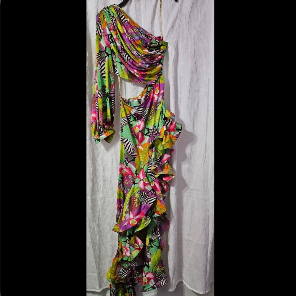 Bronx and Banco Pink and Green One-Shoulder Cocktail Gown